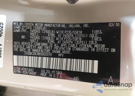 2011 Toyota Sienna Xle из США, поврежденный, VIN 5TDDK3DC8BS002919